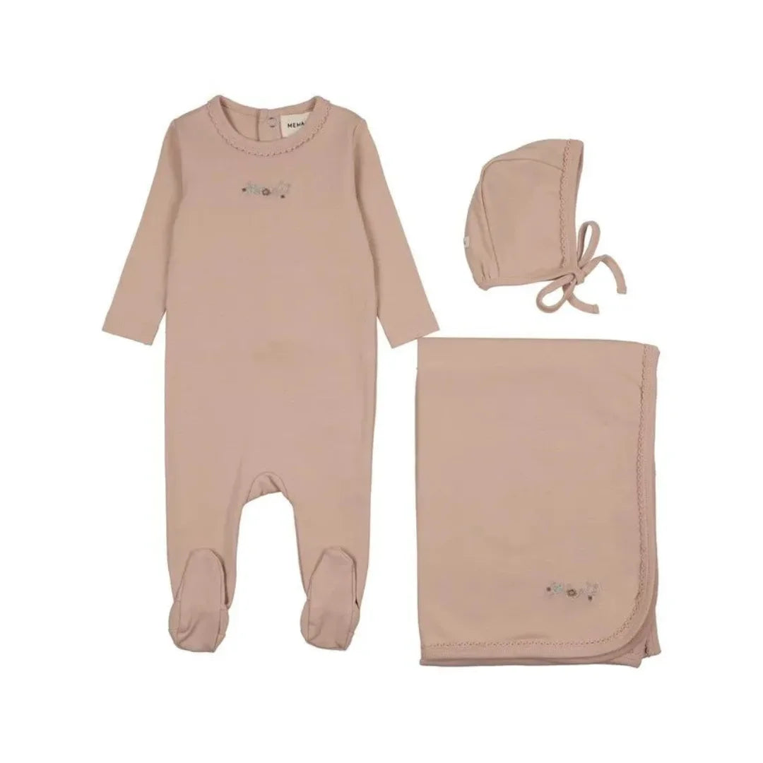 A front view of the Mema Knits pink floral embroidery three-piece set.
