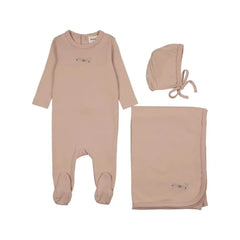 A front view of the Mema Knits pink floral embroidery three-piece set.