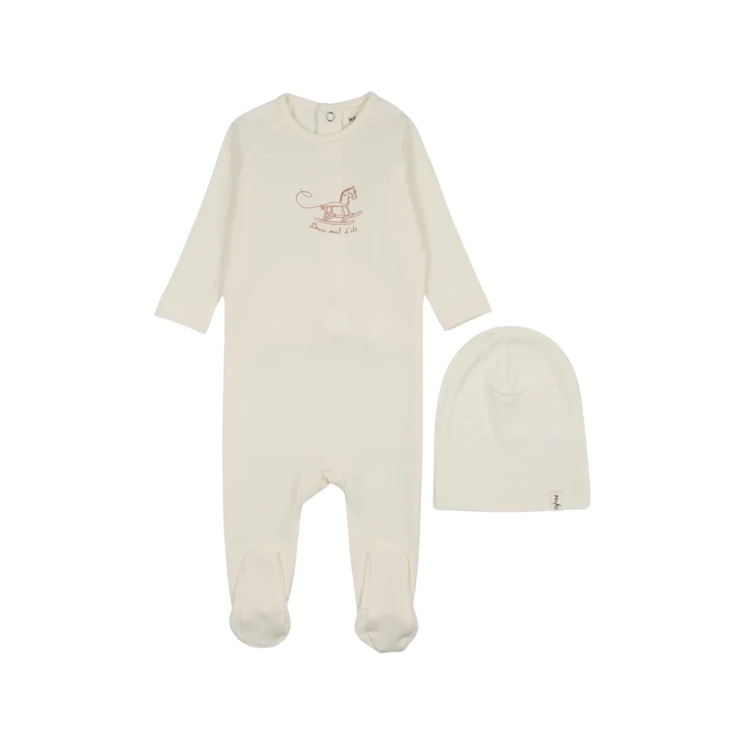 A front view of the Mema Knits horse rocker footie and beanie set in ivory.