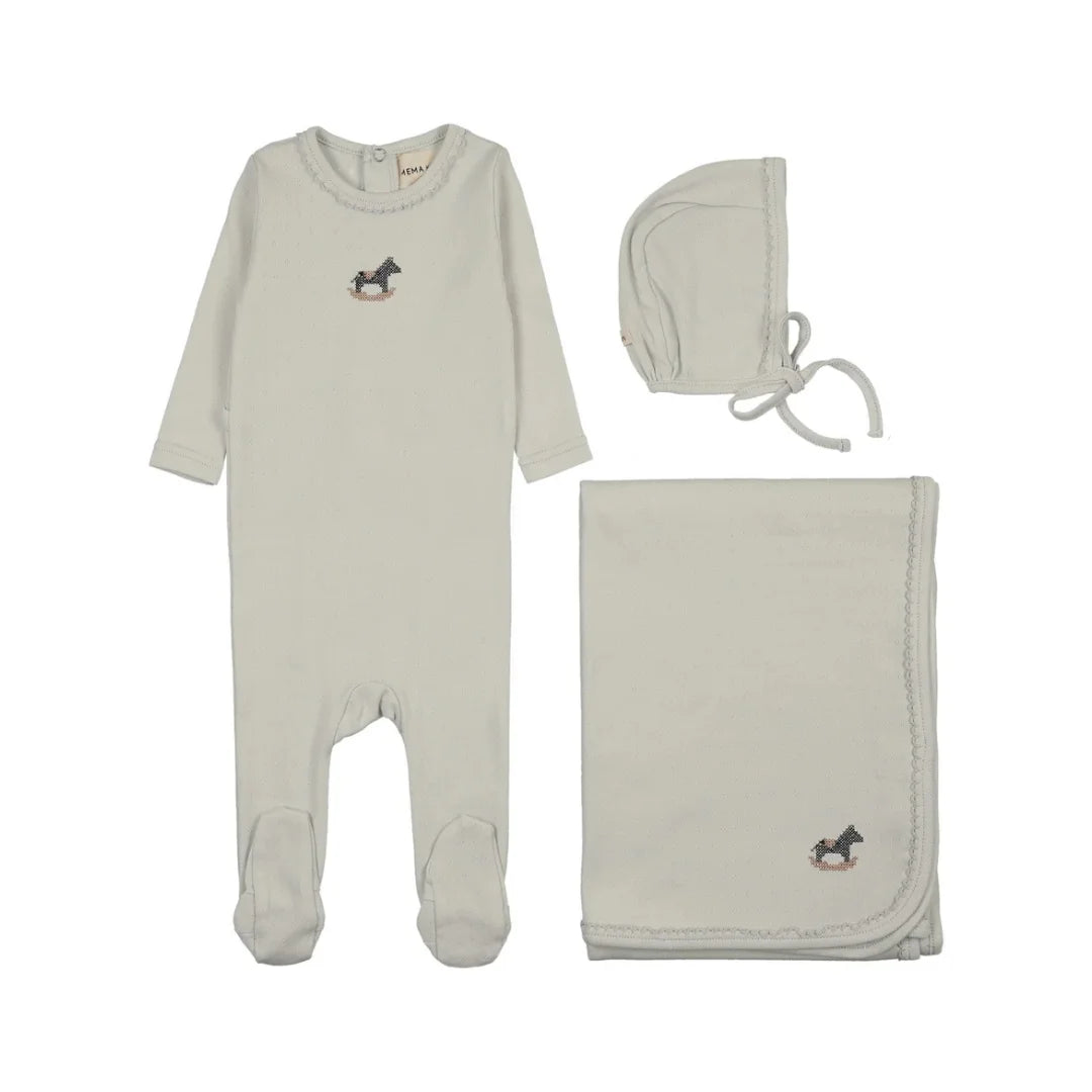 A flat-lay view of the Mema Knits grey dawn horse rocker footie 3-piece set.