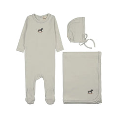 A flat-lay view of the Mema Knits grey dawn horse rocker footie 3-piece set.