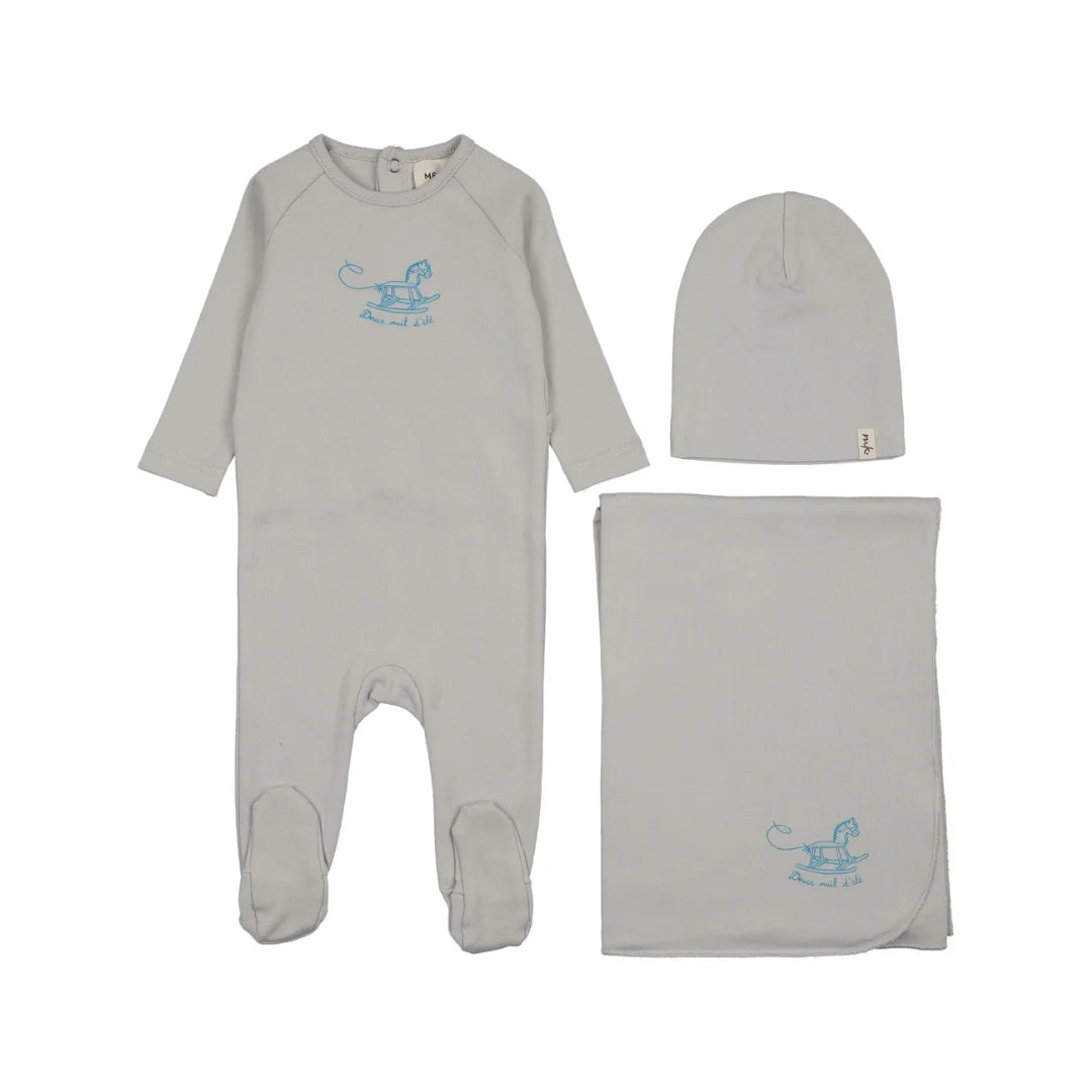 A front view of the Mema Knits gray dawn horse rocker three-piece set.