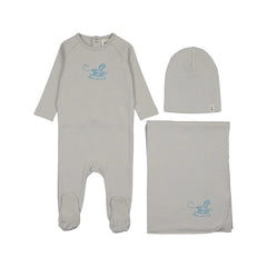 A front view of the Mema Knits gray dawn horse rocker three-piece set.