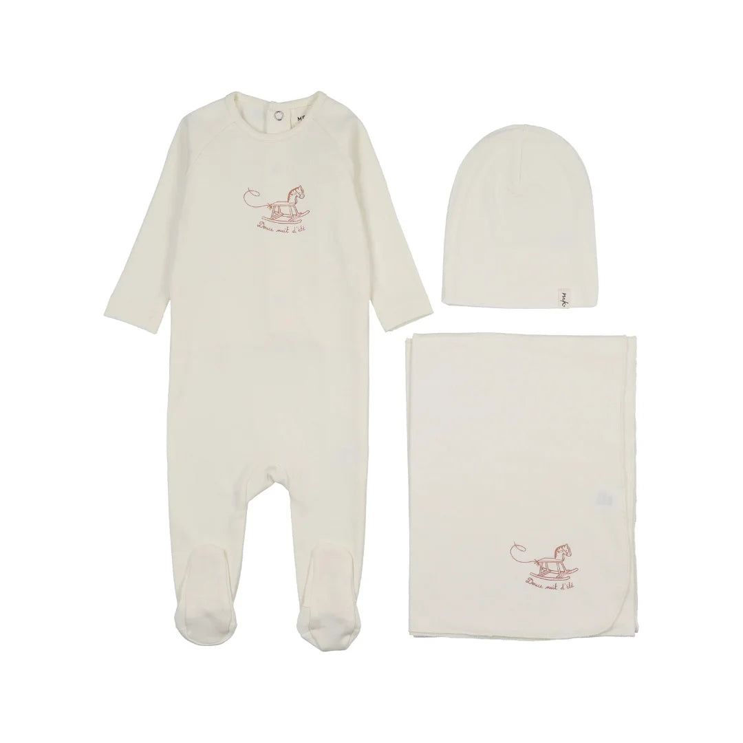 A front view of the Mema Knits ivory horse rocker three-piece set.