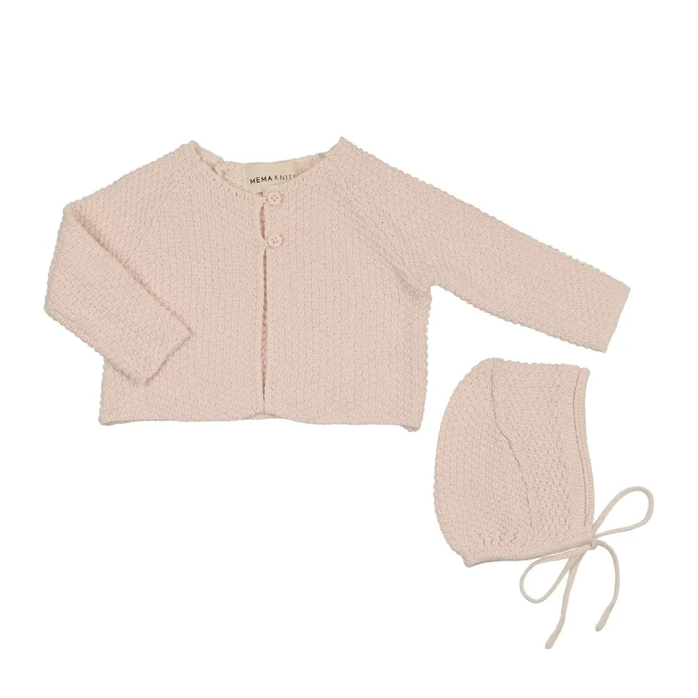 A baby knit set featuring a long-sleeve button-front cardigan and a matching bonnet, both in a soft dusty pink color, displayed on a clean white background.