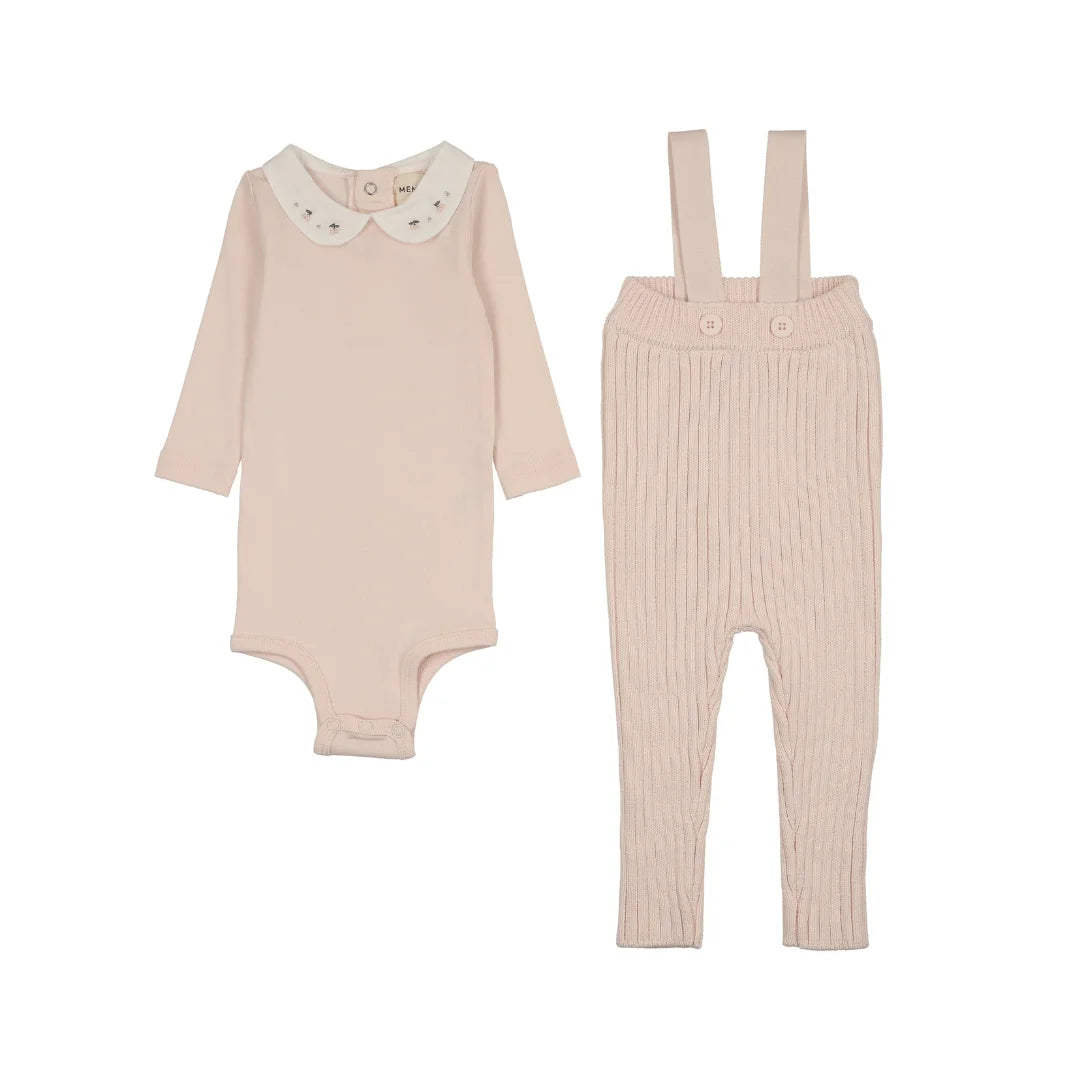 A front view of the Mema Knits knit overall and embroidered collar onesie set baby blush
