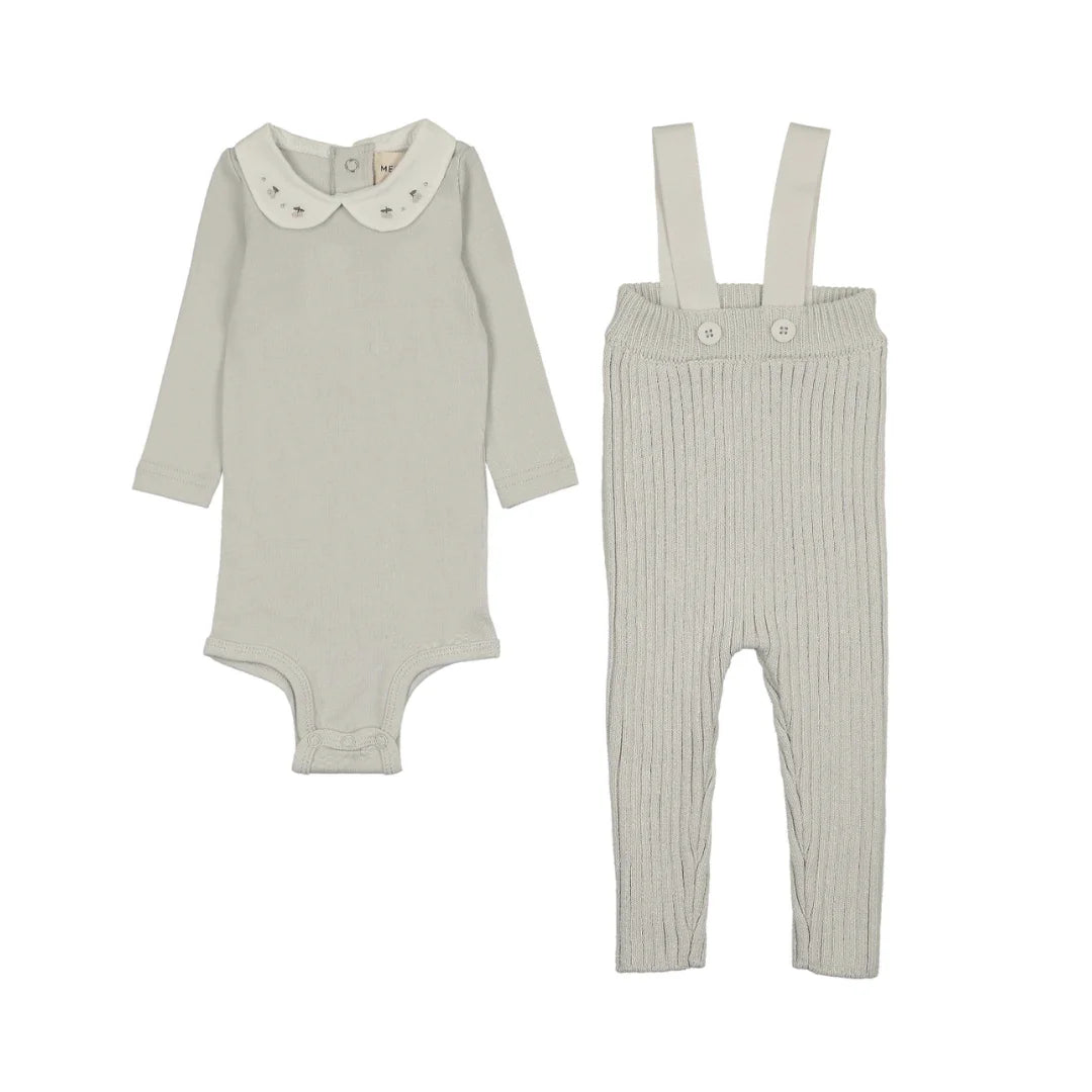 A front view of the Mema Knits knit overall and embroidered collar onesie set ice blue 