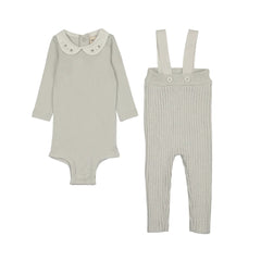 A front view of the Mema Knits knit overall and embroidered collar onesie set ice blue 
