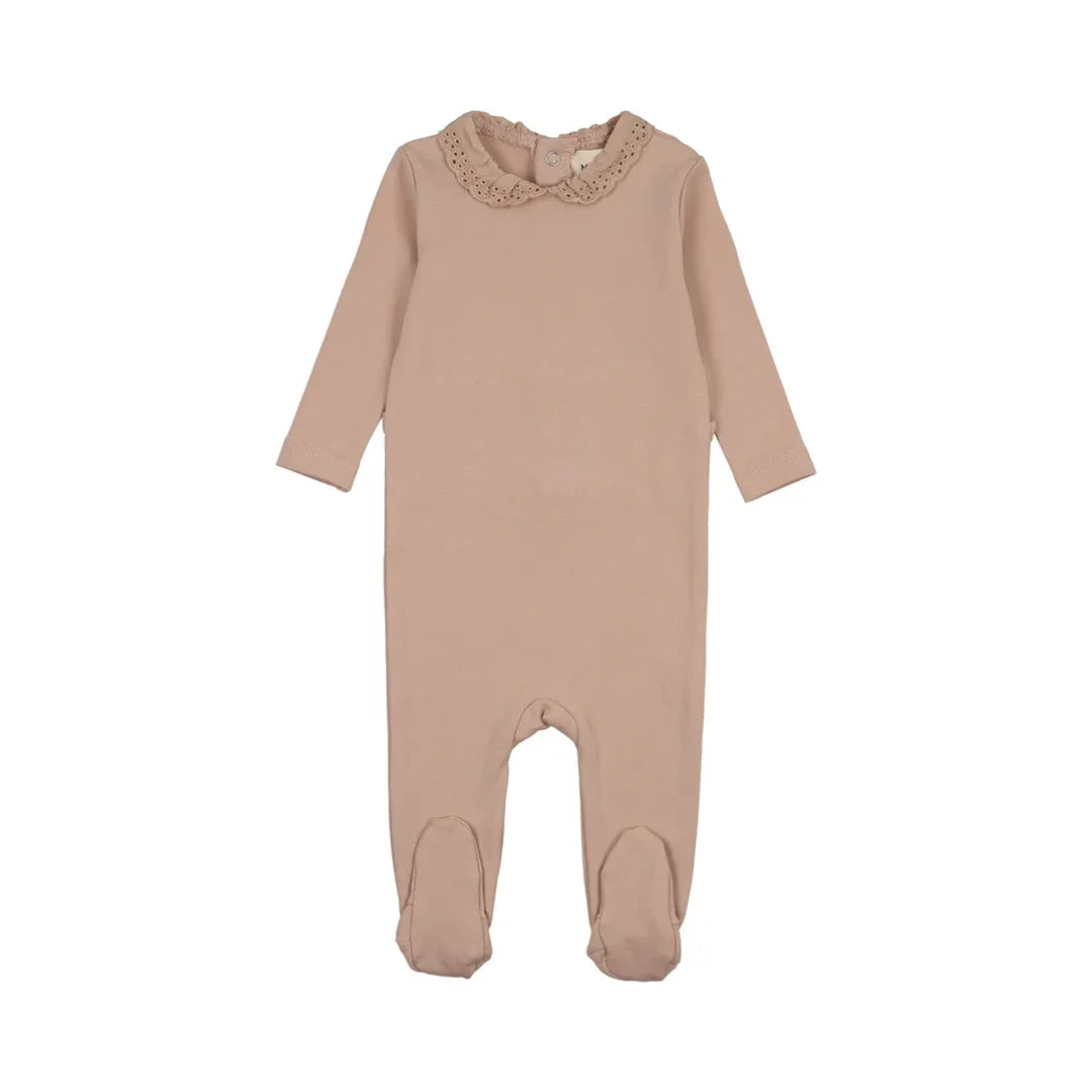 A flat-lay view of the Mema Knits pale pink lace collar footie.
