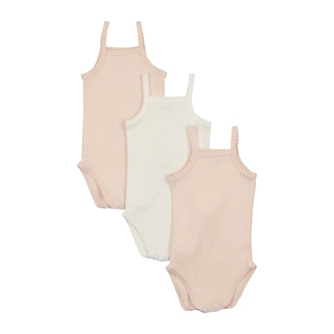 A flat-lay view of the Mema Knits pink shades pointelle undershirt.