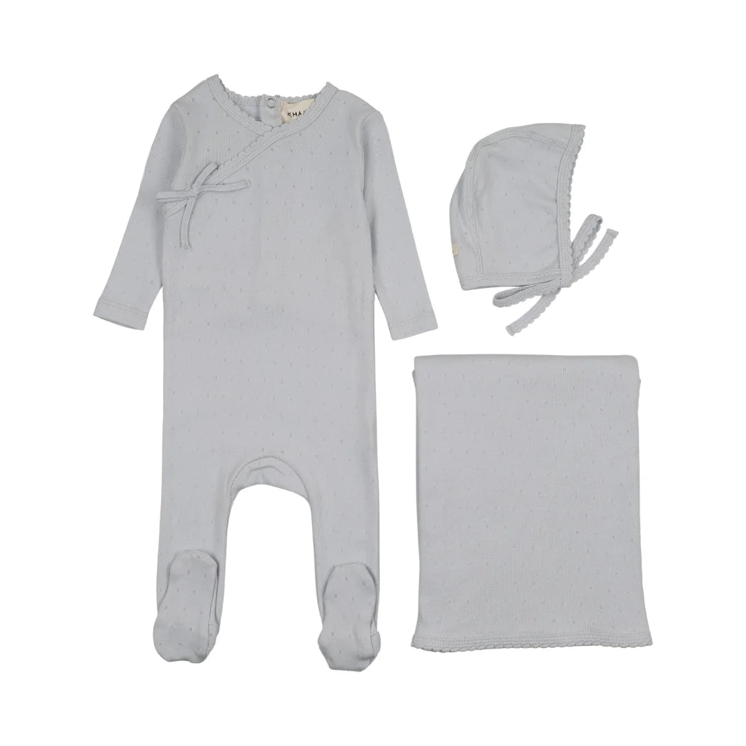 A front view of the Mema Knits pointelle footie three-piece set in gray dawn.