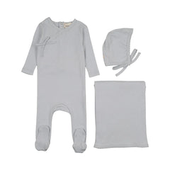 A front view of the Mema Knits pointelle footie three-piece set in gray dawn.