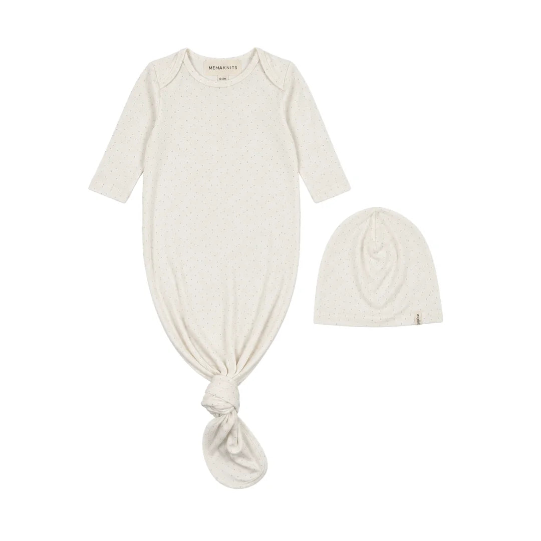 A front view of the Mema Knits polka dot sleep bag and beanie set in multi.