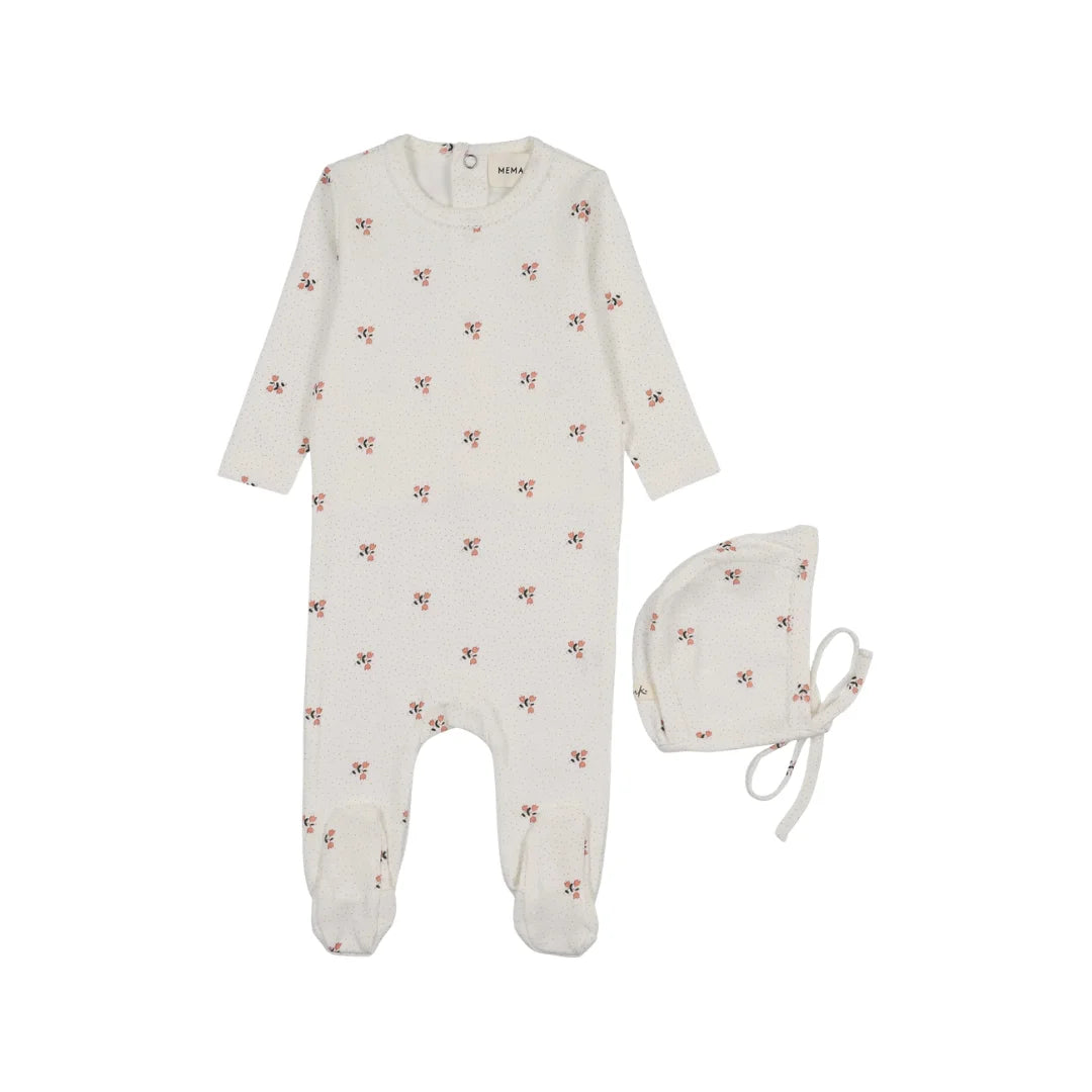 A front view of the Mema Knits printed snap-back footie and bonnet set in coral floral print.