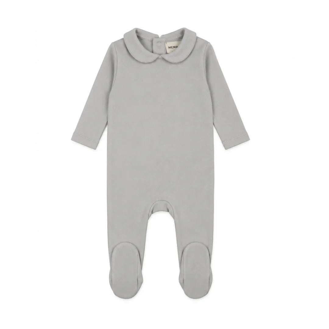 A front view of the Mema Knits gray dawn rib collared footie.