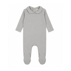 A front view of the Mema Knits gray dawn rib collared footie.