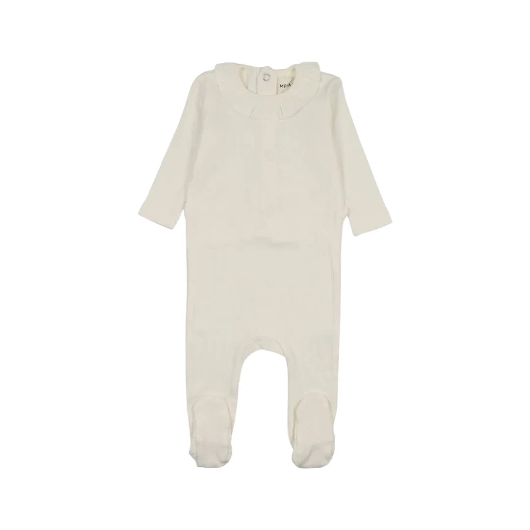 A front view of the Mema Knits ivory rib collared footie.