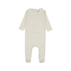 A front view of the Mema Knits ivory rib collared footie.