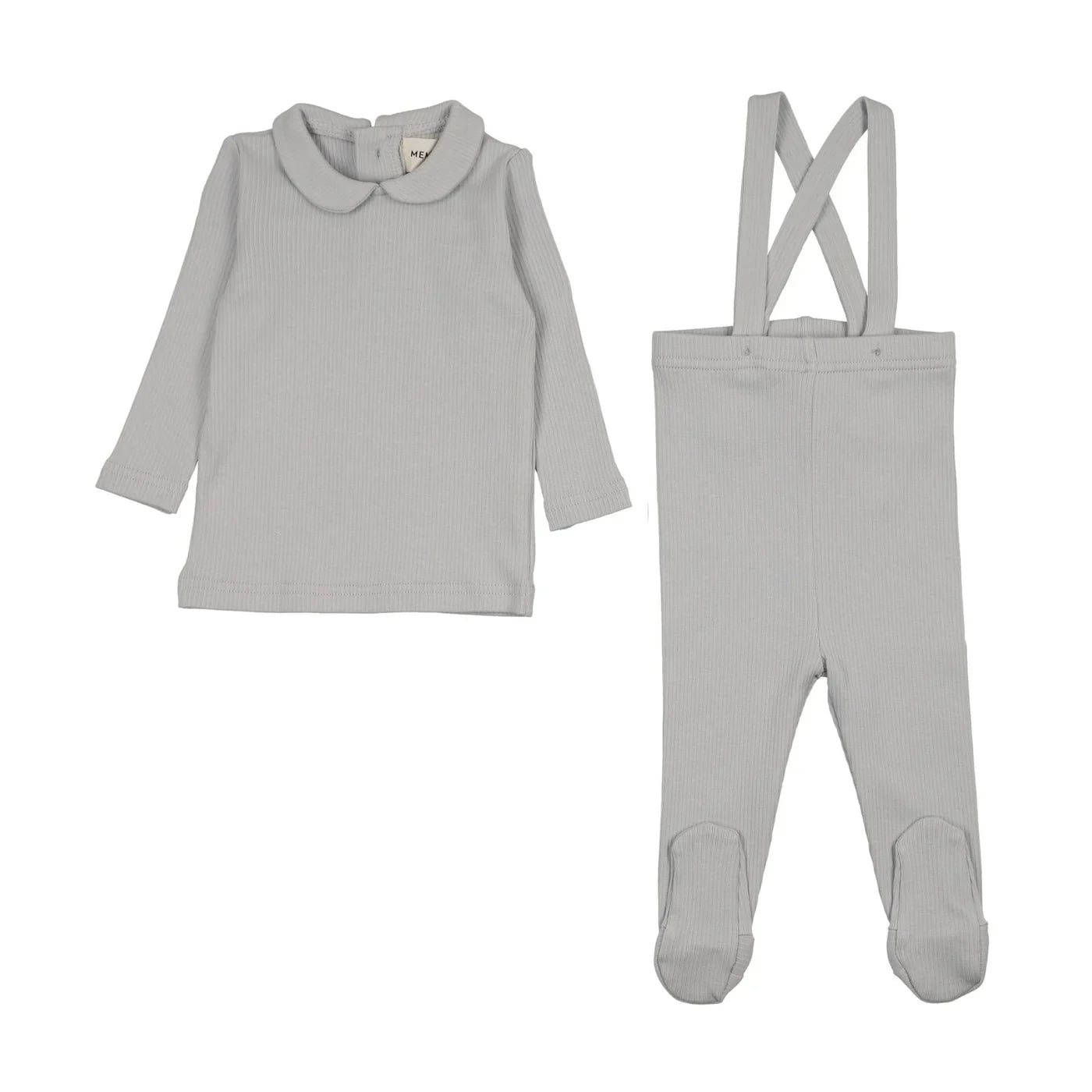 A front view of the Mema Knits gray dawn rib collared two-piece set.