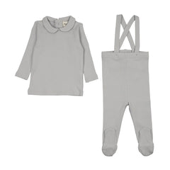 A front view of the Mema Knits gray dawn rib collared two-piece set.