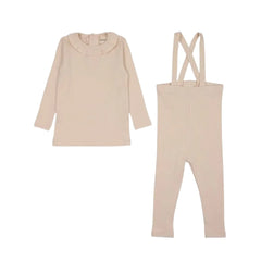 A front view of the Mema Knits light pink rib ruffle collar two-piece set.