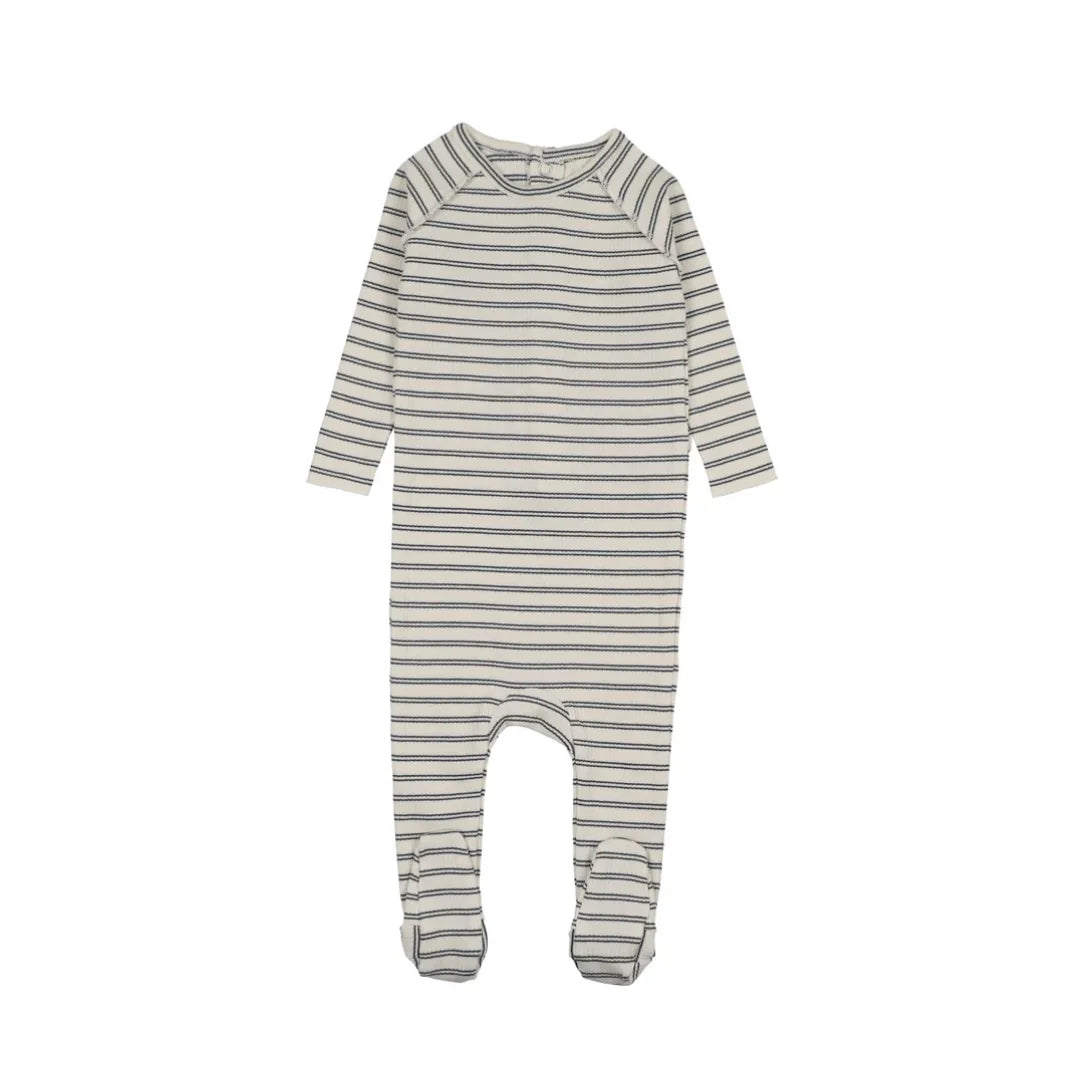 A front view of the Mema Knits navy blue stripe rib footie.