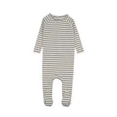 A front view of the Mema Knits navy blue stripe rib footie.