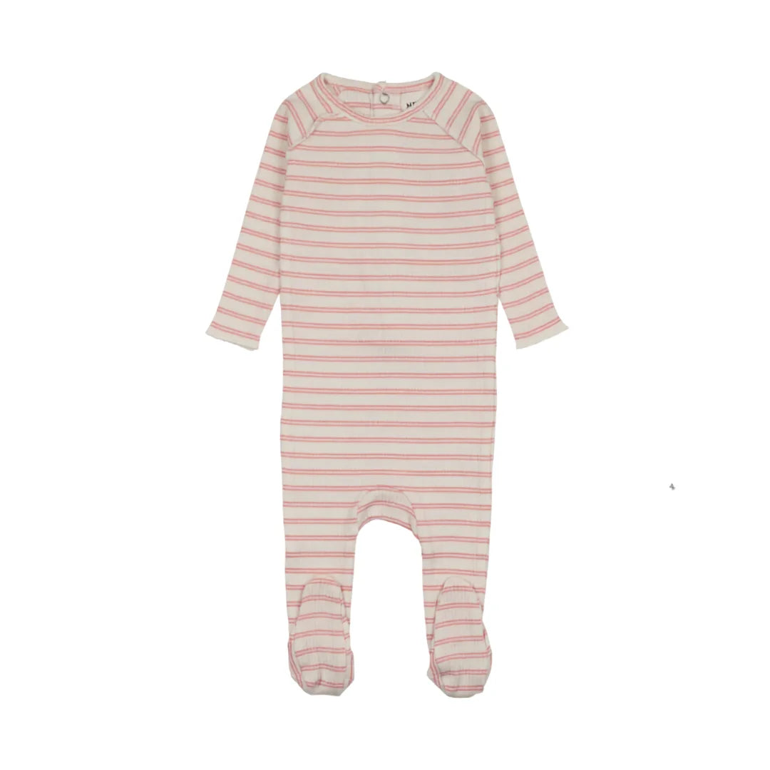 A front view of the Mema Knits rose pink stripe rib footie.
