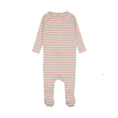 A front view of the Mema Knits rose pink stripe rib footie.