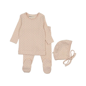 A baby clothing set featuring a long-sleeve footed sleeper, matching footed pants, and a bonnet, all in a light peachy-beige color with a tiny pink pattern, shown on a plain white background.