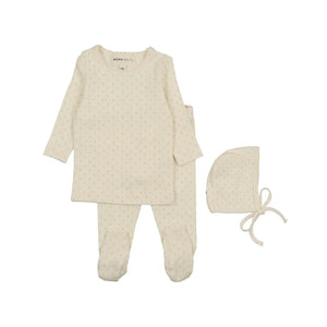 Adora baby gift set in a white box, featuring a pale pink silicone pacifier and a rose gold and cream beaded pacifier clip.