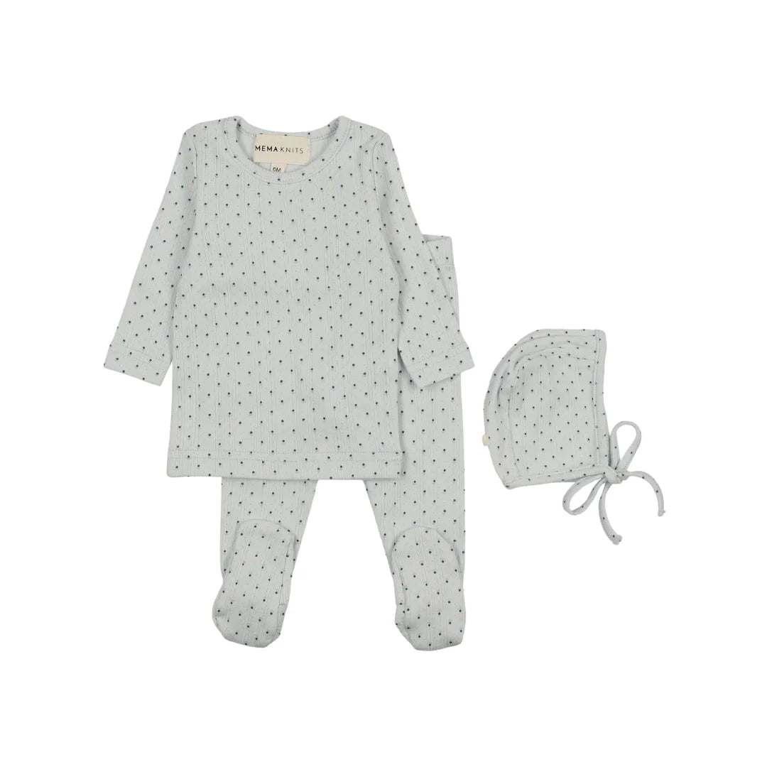 A front view of the Mema Knits blue tulip print two-piece set and bonnet.
