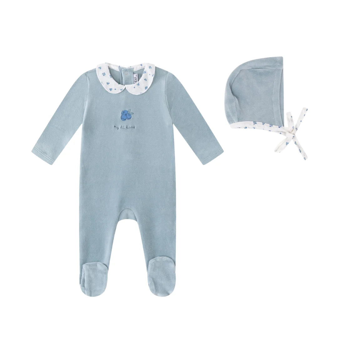 A front view of the Mini Label blue floral collared velour footie and bonnet.