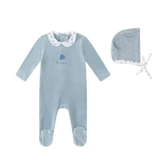 A front view of the Mini Label blue floral collared velour footie and bonnet.