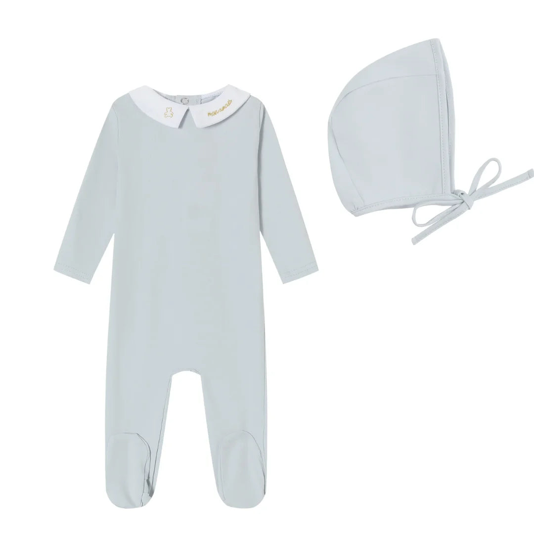 A front view of the Mini Label boys blue metallic embroidered footie.