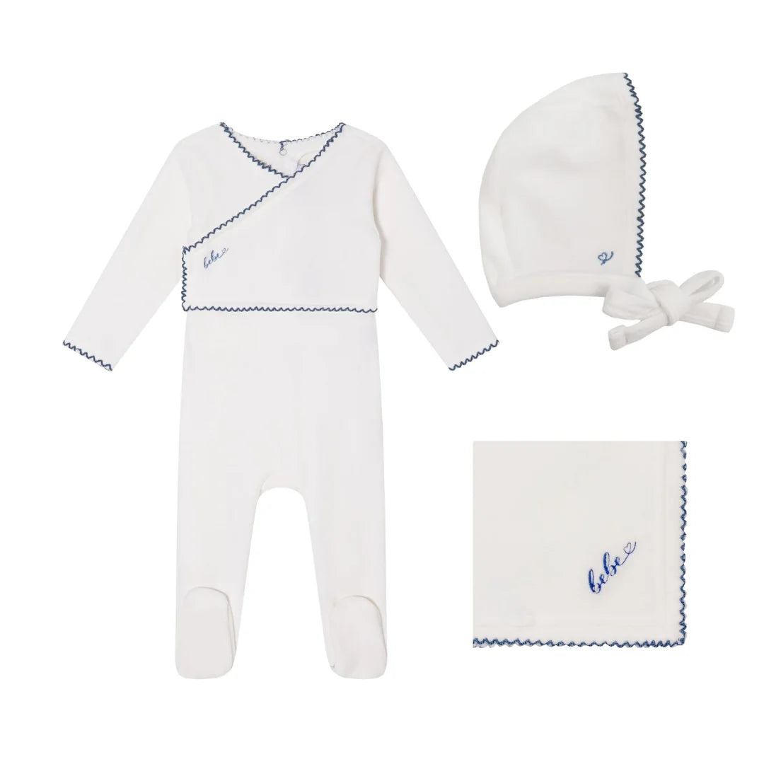 A front view of the Mini Label boys white classic velour gift set.