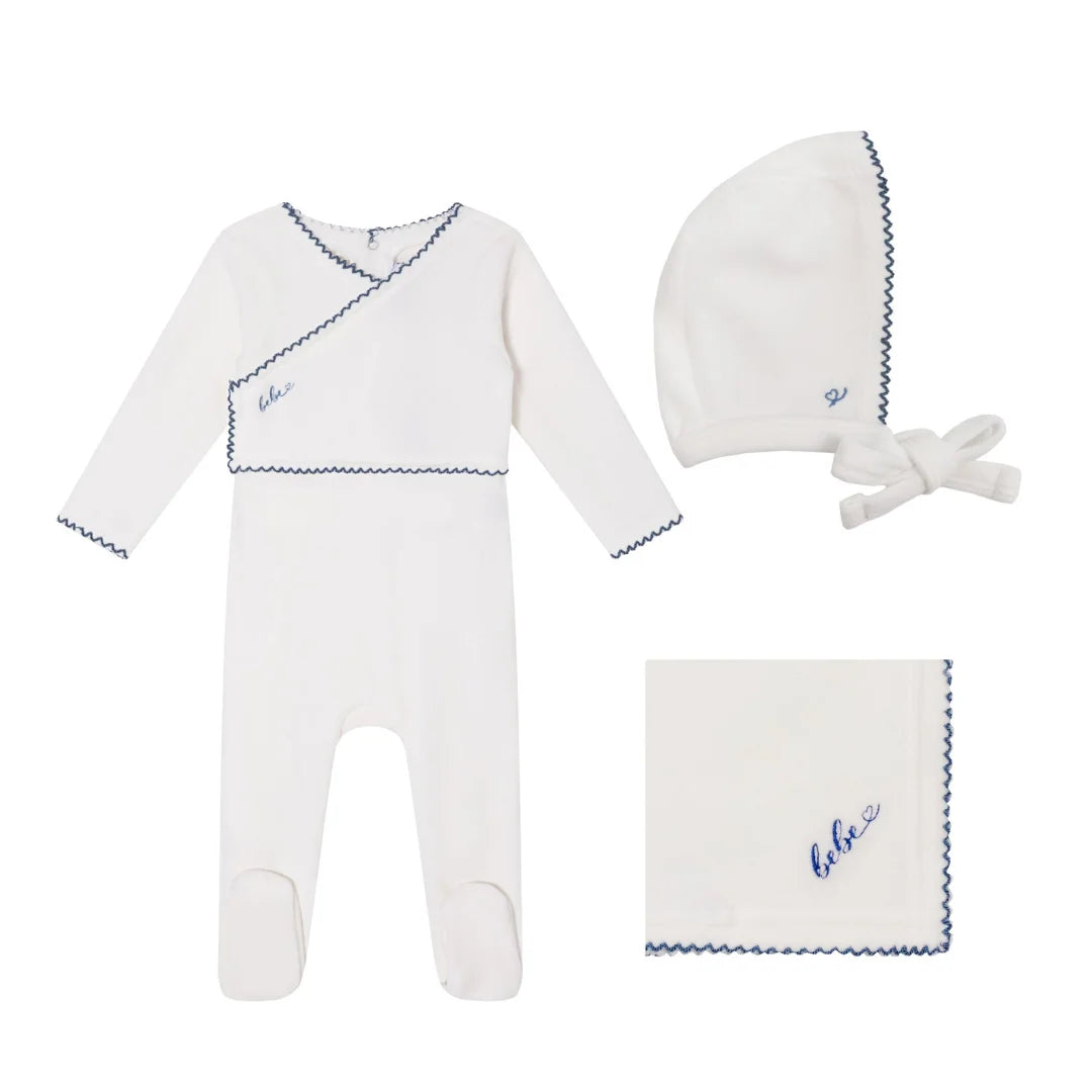 A front view of the Mini Label boys white classic velour set.