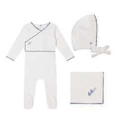 A front view of the Mini Label boys white classic velour set.