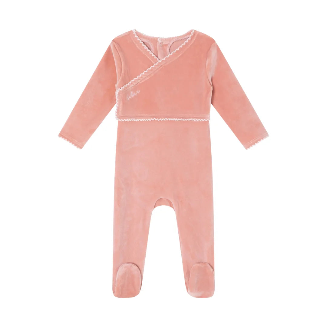 A front view of the Mini Label girls pink classic velour footie.