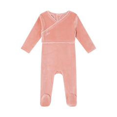 A front view of the Mini Label girls pink classic velour footie.