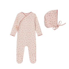 A front view of the Mini Label girls pink heart printed kimono footie and bonnet.