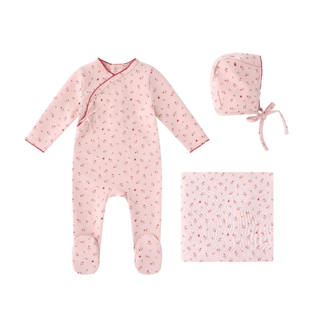 A front view of the Mini Label girls pink heart printed kimono set.