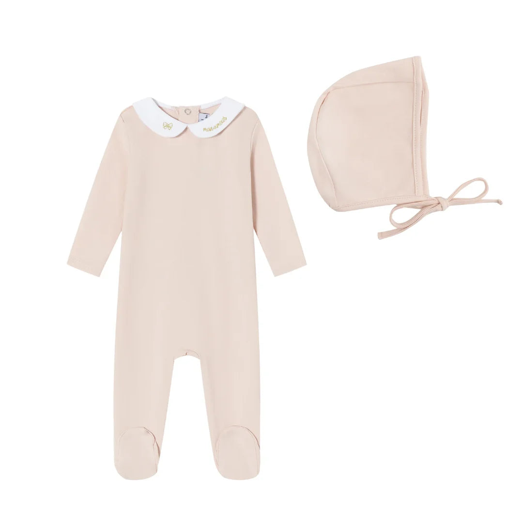 A front view of the Mini Label girls pink metallic embroidered footie.