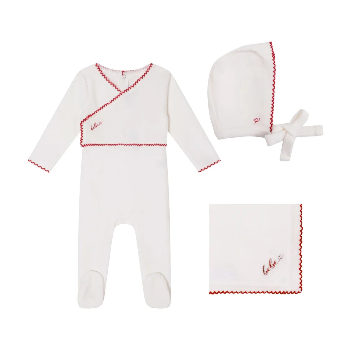 A front view of the Mini Label girls white classic velour gift set.