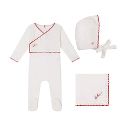 A front view of the Mini Label girls white classic velour gift set.