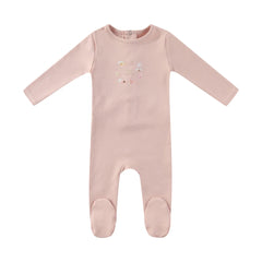 A front view of the Mini Label pink baby footie with a Little Explorer graphic.