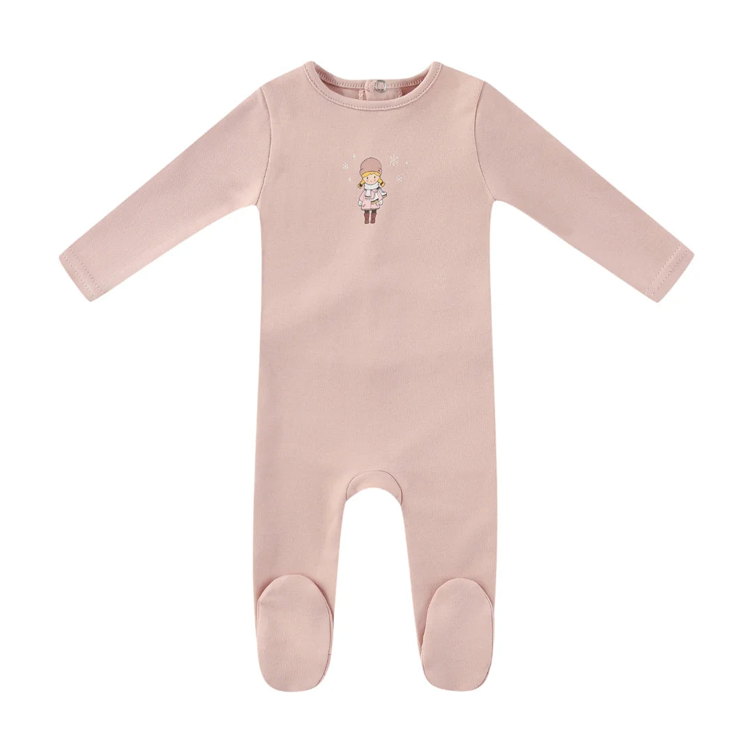 A front view of the Mini Label pink baby footie with a Vintage Skater graphic.