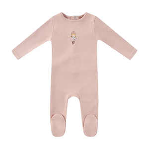 A front view of the Mini Label pink baby footie with a Vintage Skater graphic.