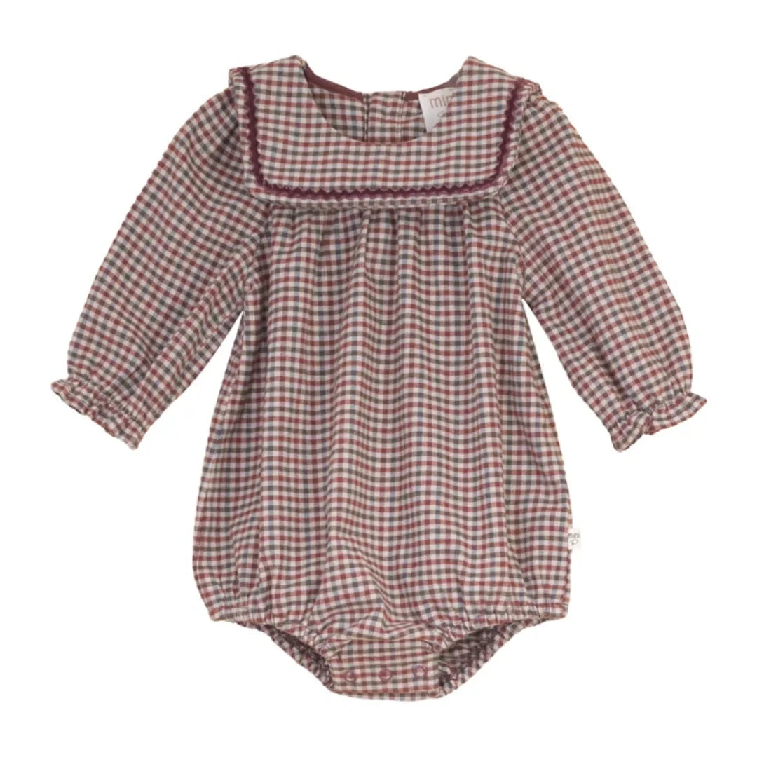 front view of the Mini P burgundy velvet rick rack romper.
