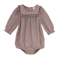 front view of the Mini P burgundy velvet rick rack romper.
